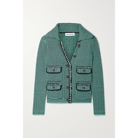 Self-Portrait Sweaters - SELF PORTRAIT Green embellished striped cotton cardigan sweater